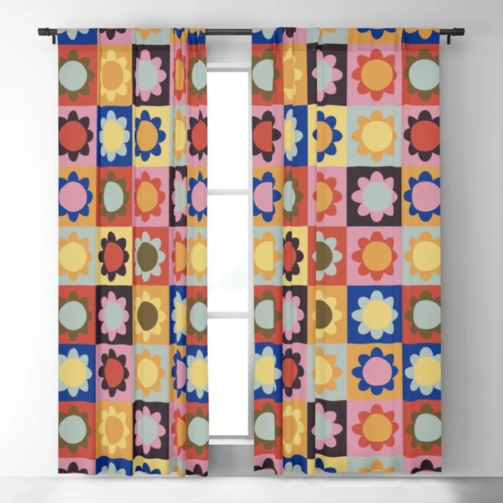 90s Retro Sun Flower Checker Blackout Curtain (set of 2)
